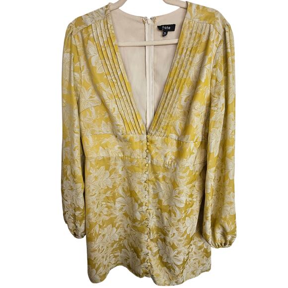 Fate Dress Women XL Peasant Sleeve Pintuck Deep Vneck Floral Mini Feminine Chic - Picture 2 of 10